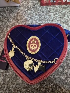 Loungefly Velvet Heart Crossbody Bag in Blue and Burgundy with Gold Charms